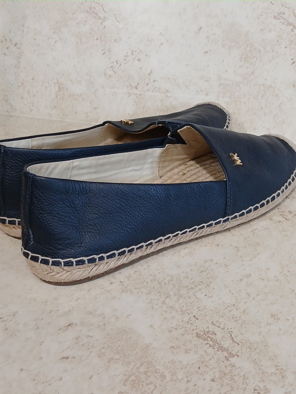 Michael Kors Kendrick Navy Leather Espadrille Flats with Gold MK Accent Sz 9m - Picture 3 of 8